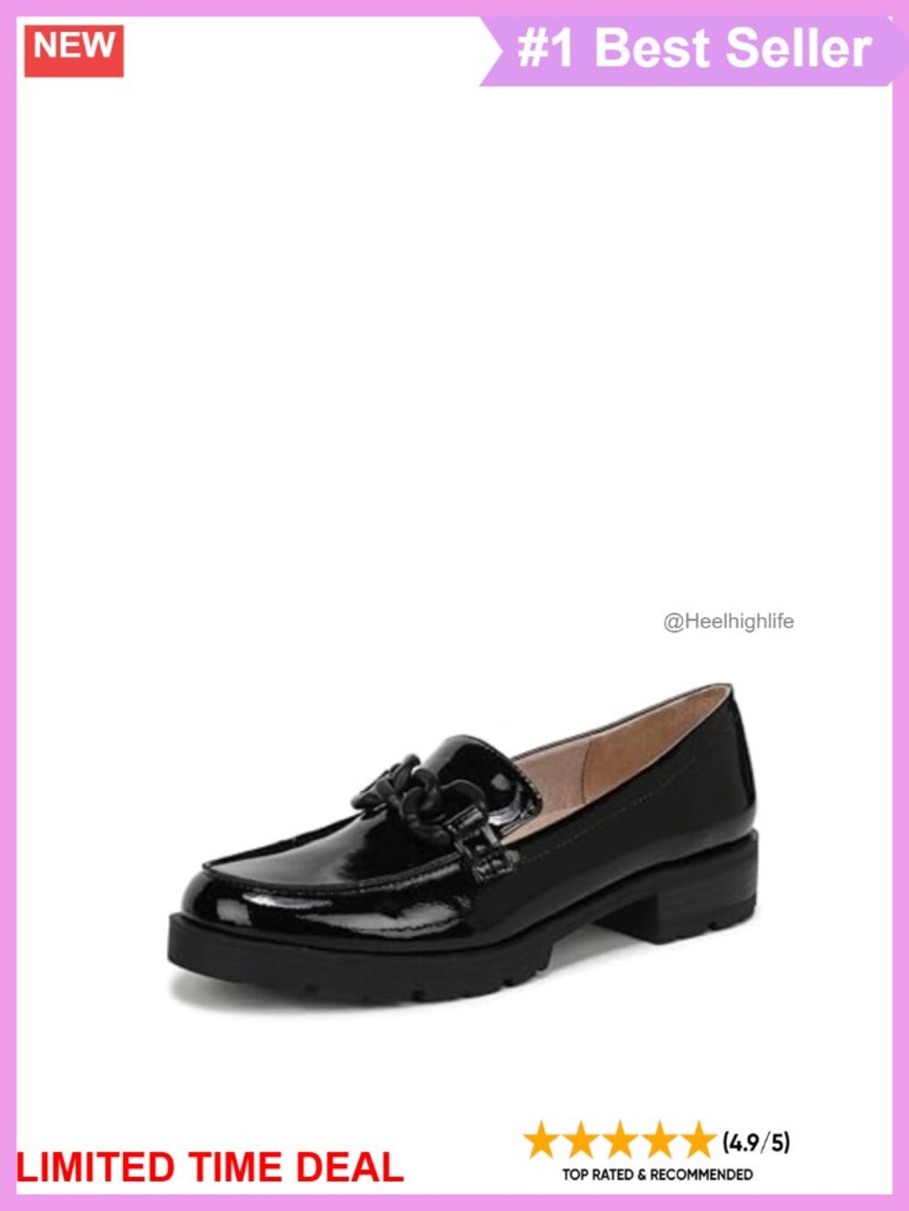 Faux Leather Slip-On Loafers with Chain Link Ornament & Block Heel